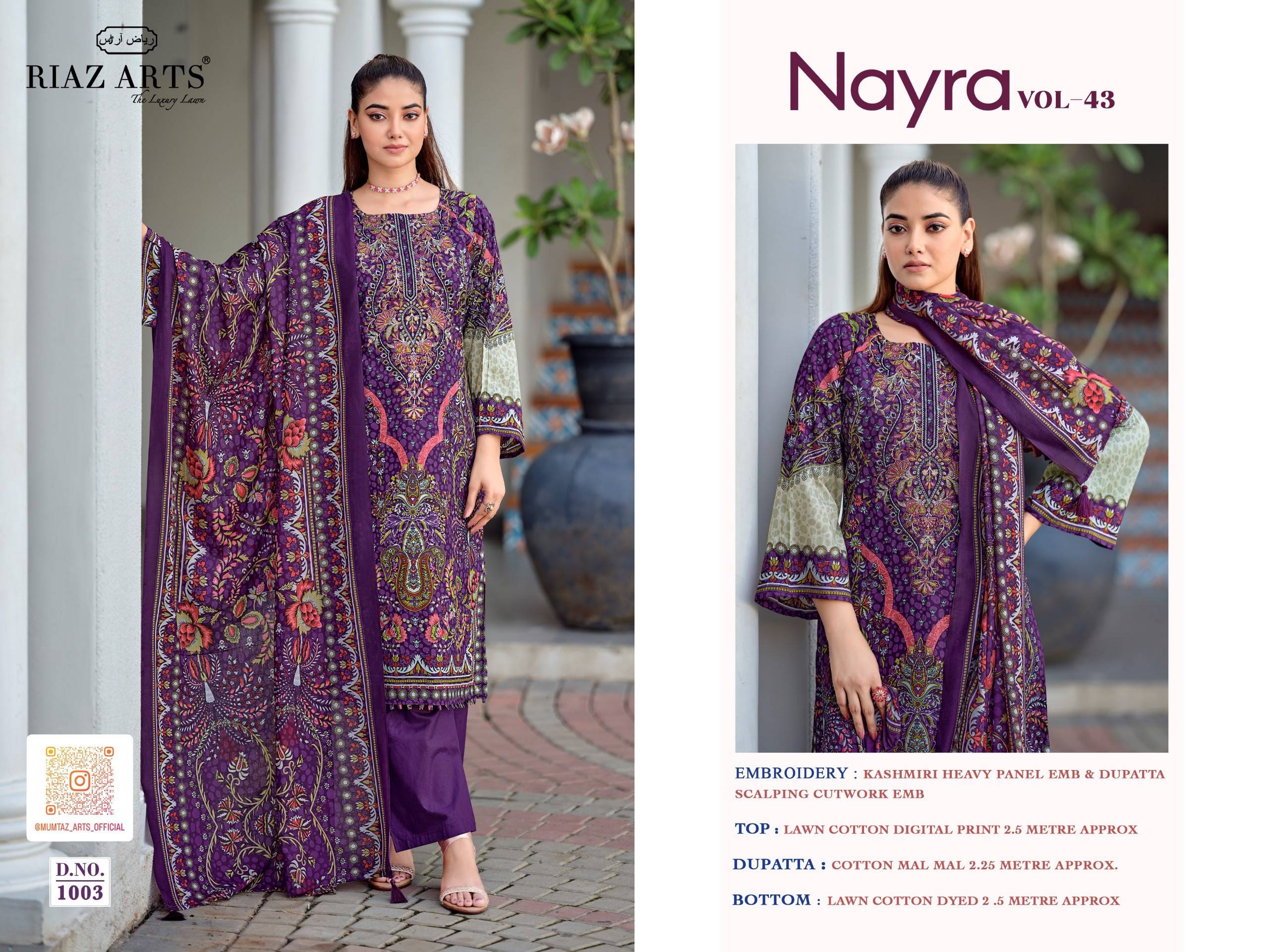 NAYRA VOL-43 BY RIAZ ARTS 1001 To 1008 Series Beautiful Pakistani Suits Colorful Stylish Fancy Ethnic Wear Cotton Dresses At Wholesale